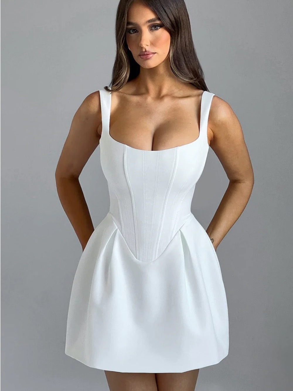 White Mini Corset Dress with Square Neck